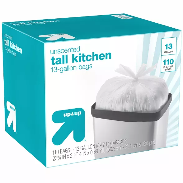 Tall Kitchen Flap-Tie Trash Bags, 13 Gallon, 110ct