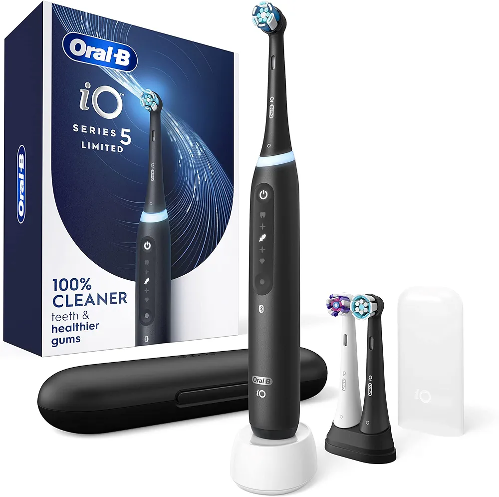 Amazon.com : Oral-B iO Series 5 Limited Rechargeable Electric Powered Toothbrush, Black with 3 Brush Heads and Travel Case - Visible Pressure Sensor to Protect Gums - 5 Cleaning Modes - 2 Minute Timer