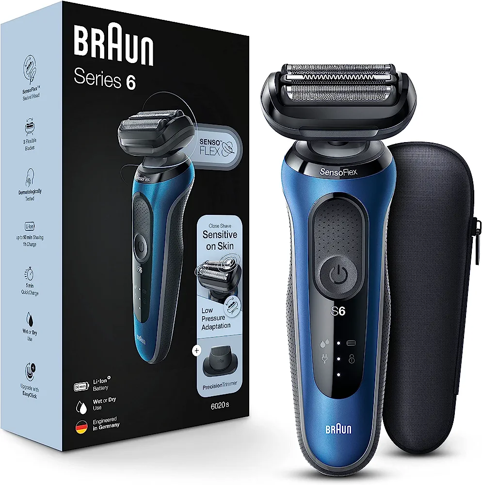 博朗Braun 电动剃须刀, Series 6 6020s SensoFlex Wet & Dry Foil Shaver with Precision Beard Trimmer, Rechargeable with Travel Case : Beauty & Personal Care