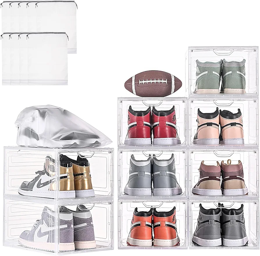 鞋子收纳盒  jphoiy box Shoe Storage Boxes Stackable, 9 Packs Shoe Organizer for Closet, Shoe Boxes for Sneaker Display, Shoe Containers, Fit up to Maximum Size of US12, Clear : Home & Kitchen