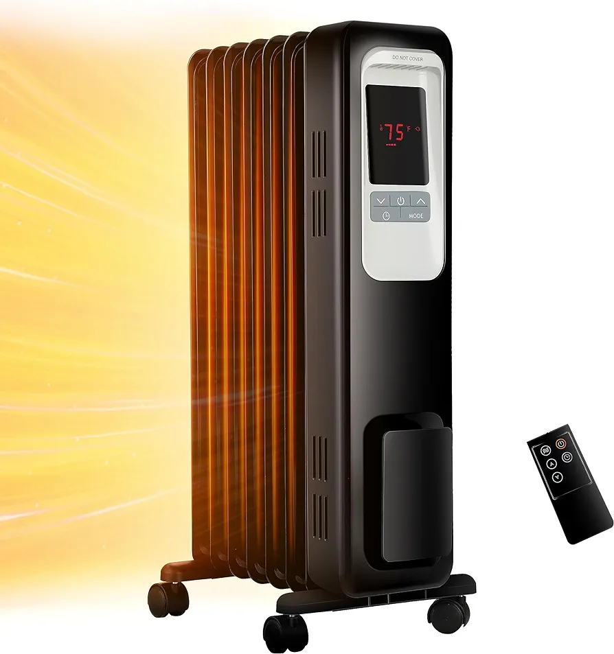 Aikoper Oil Filled Radiator Heater, 1500W Electric Portable Space Heaters for Indoor Use with Remote, Digital Thermostat, 4 Modes, 24h Timer, Overheat & Tip-Over Protection Quiet for Whole Room : Auto