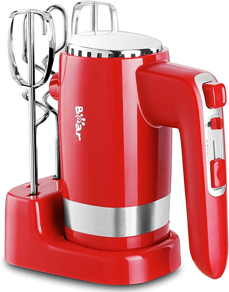 Bear Hand Mixer Electric, 5 Speed with Turbo Powerful Electric Hand Mixer with Storage Base, 4 Stainless Steel Accessories小熊手持电动搅拌器, 红色