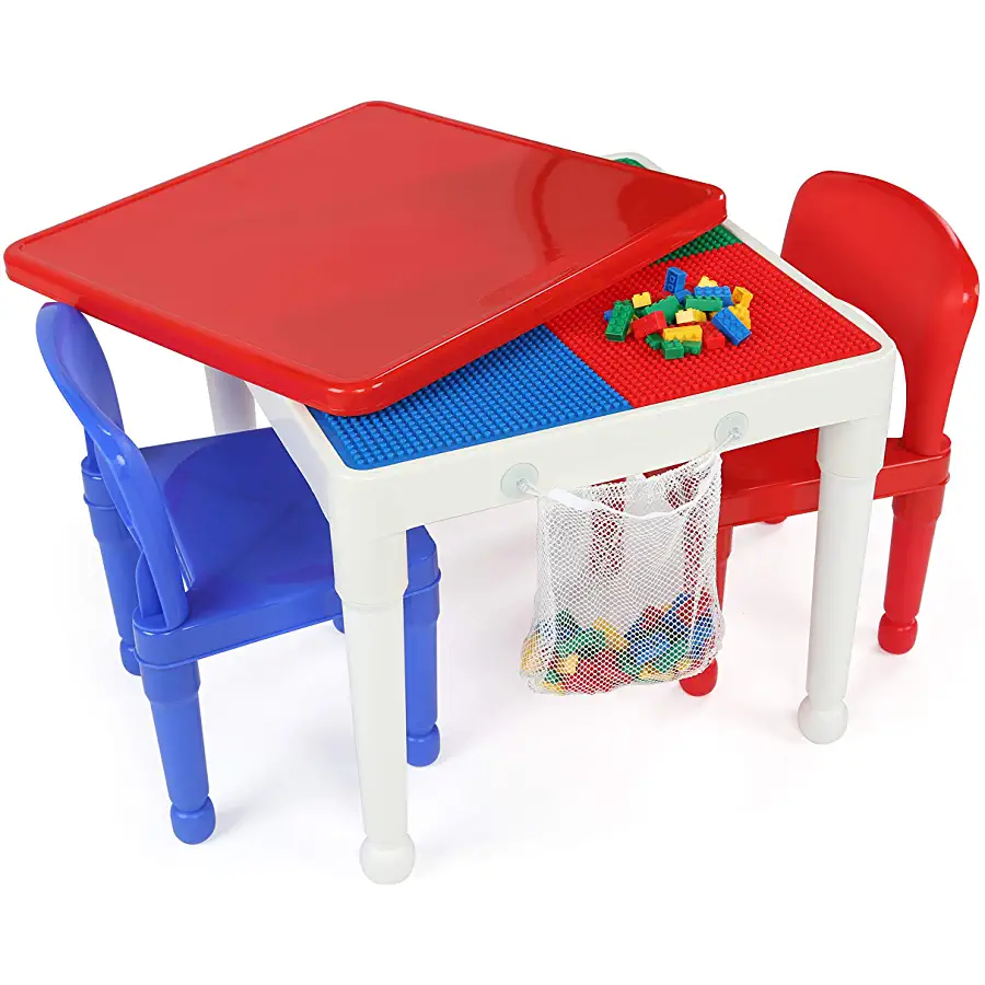 Humble Crew, White/Blue/Red Kids 2-in-1 Plastic Building Blocks-Compatible Activity Table and 2 Chairs Set, Square, Toddler二合一活动桌