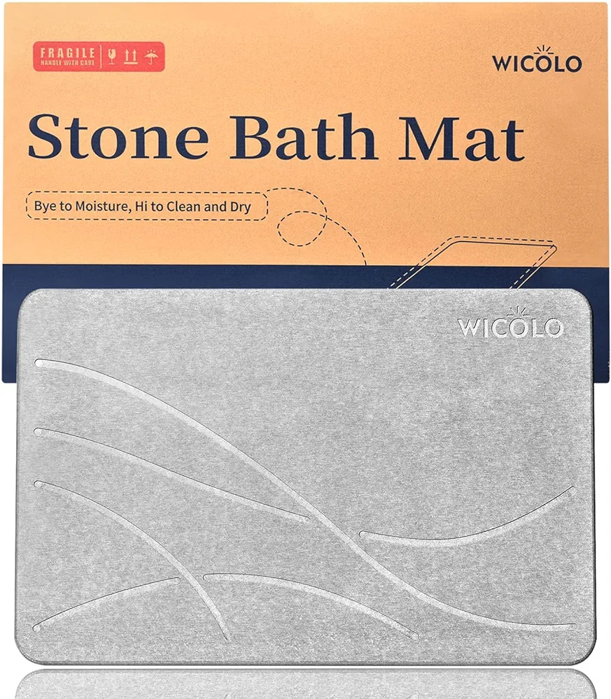 硅藻石 吸水地垫 WICOLO Stone Bath Mat, Diatomaceous Earth Shower Mat Non Slip Instantly Removes Water Drying Fast Bathroom Mat Natural Easy to Clean (23.5 * 15inch, Grey) : Home & Kitchen