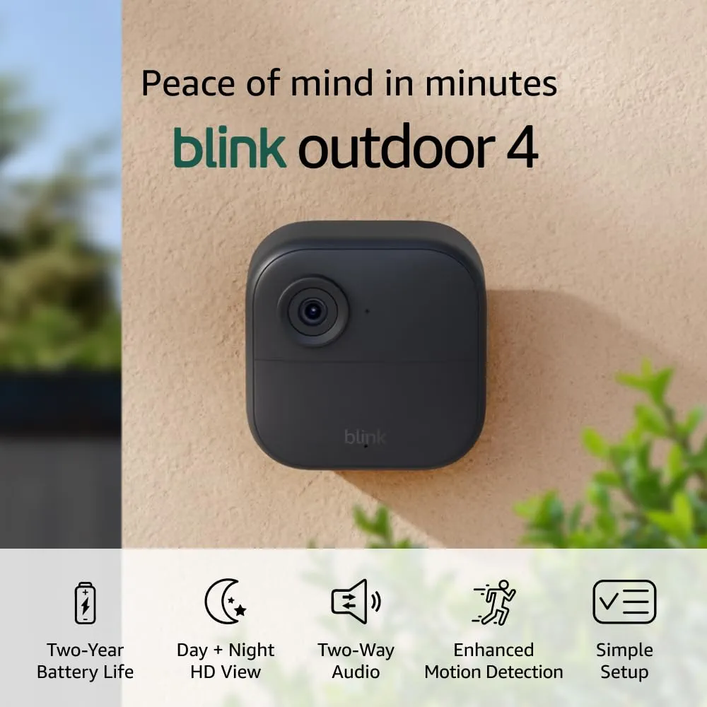 Blink Outdoor 4 (newest model), Wire-free smart security camera, two-year battery life, two-way audio, HD live view, enhanced motion detection, Works with Alexa – 3 camera system : Amazon Devices & Ac