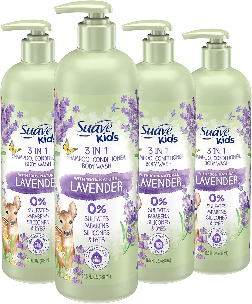 Suave Kids Natural Lavender Oil 3-in-1 Tear Free, Body Wash, Shampoo and Conditioners, No Sulfates, No Parabens, No Silicones, No Dyes, 16.5 Oz Pack of 4 : Beauty & Personal Care