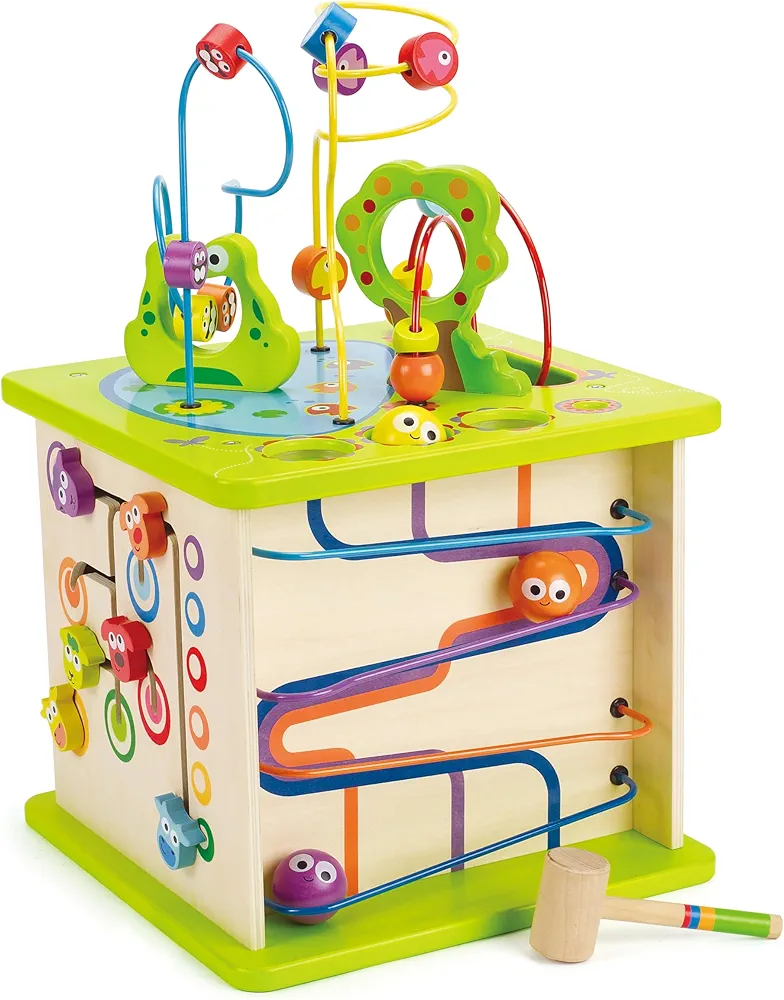 Country Critters Wooden Activity Play Cube by Hape | Wooden Learning Puzzle Toy for Toddlers, 5-Sided Activity Center with Animal Friends, Shapes, Mazes, Wooden Balls, Shape Sorter Blocks and More, 13